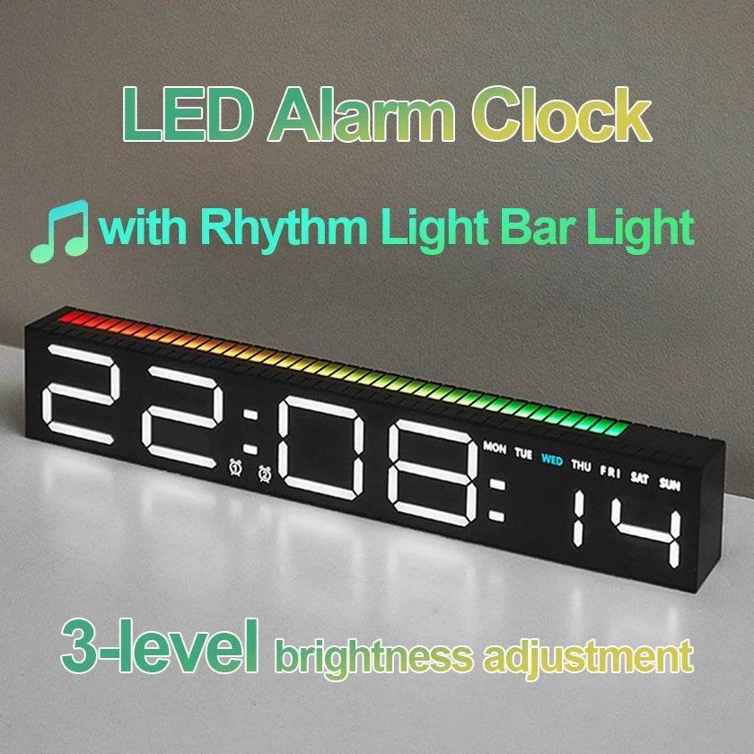 LED Alarm Clock with Rhythm Light Bar Colorful Table Clock with 3 Levels Brightness Adjustable RGB Colorful Electronic Clock
