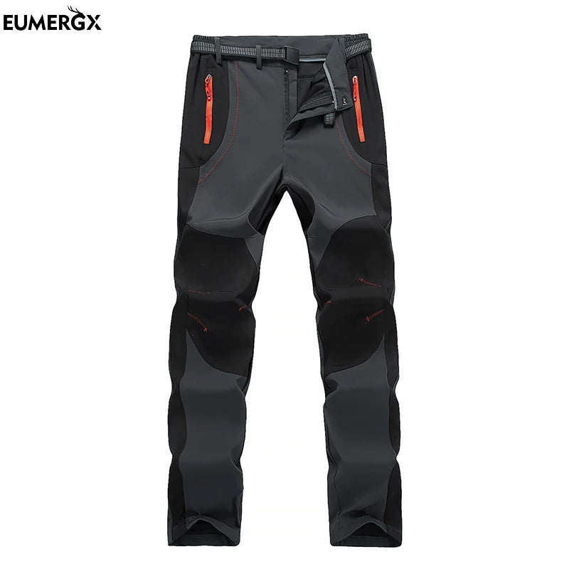 EUMERGX Men Winter Fleece Pants Warm Waterproof Hiking Pants Outdoor Camping Climbing Skiing Soft Shell Windproof Rain Trousers