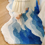 Sea Wave Flocking Area Rug Blue Bedroom Hallway Floor Mat, Sizes 50x80cm-70x160cm