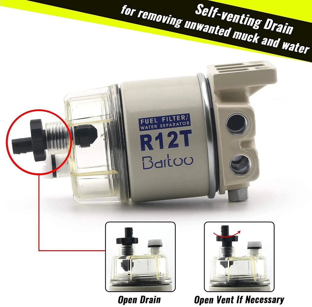 R12T Fuel Filter Water Separator Complete Kit - Marine SPIN-ON R12T Filter Replaces S3240 120AT NPT ZG1/4-19 Fit 3/8 Inch NPT Ou