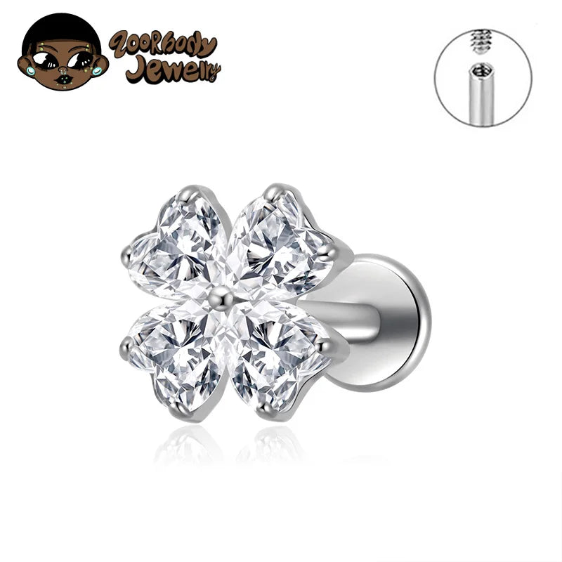 Silver-White CZ / Labret, Lip Piercing Jewelry / 16G 1.2x6mm / Ears / Heart