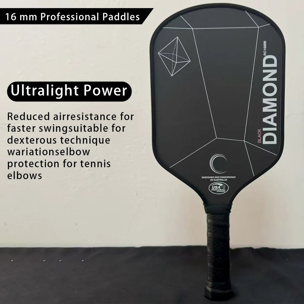 Double Black Diamond 16mm pickleball Paddle, T700 carbon fiber black matte surface, good spin performance
