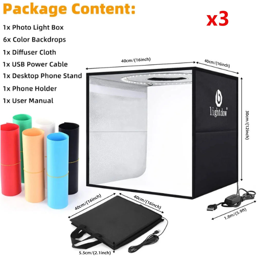 Lightdow LED photo light box studio tent 40x40x30cm, 120 LED CRI95 ring, 6 backdrops