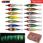 14pcs/box Horizontal Egi Lure Glow Horizontal Squid Jig Saltwater Cuttlefish UV Shrimp Fishing Lure Laser Egi Set Large Octopus