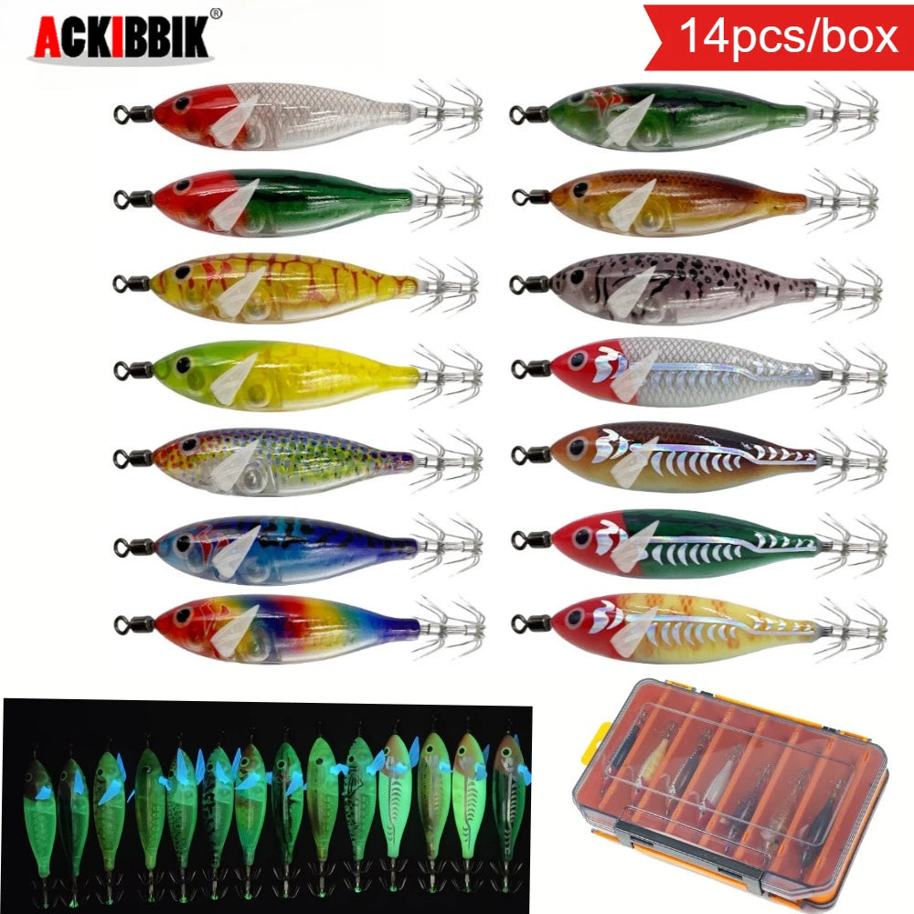 14pcs/box Horizontal Egi Lure Glow Horizontal Squid Jig Saltwater Cuttlefish UV Shrimp Fishing Lure Laser Egi Set Large Octopus