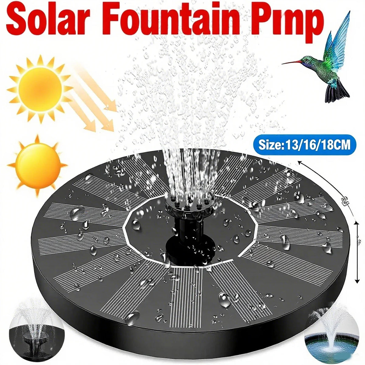 Solar Floating Water Fountain Pump with 8 Nozzles, 13cm/16cm/18cm for Bird Bath Pond