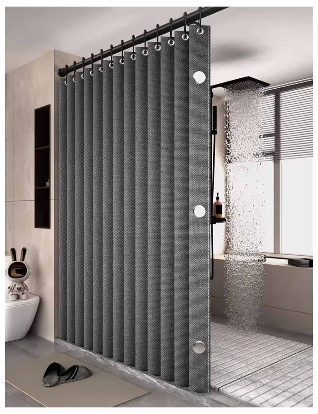 Magnetic Foldable Linen Bath Curtain Waterproof for Walk-In Shower - No Included Adjustable Rod