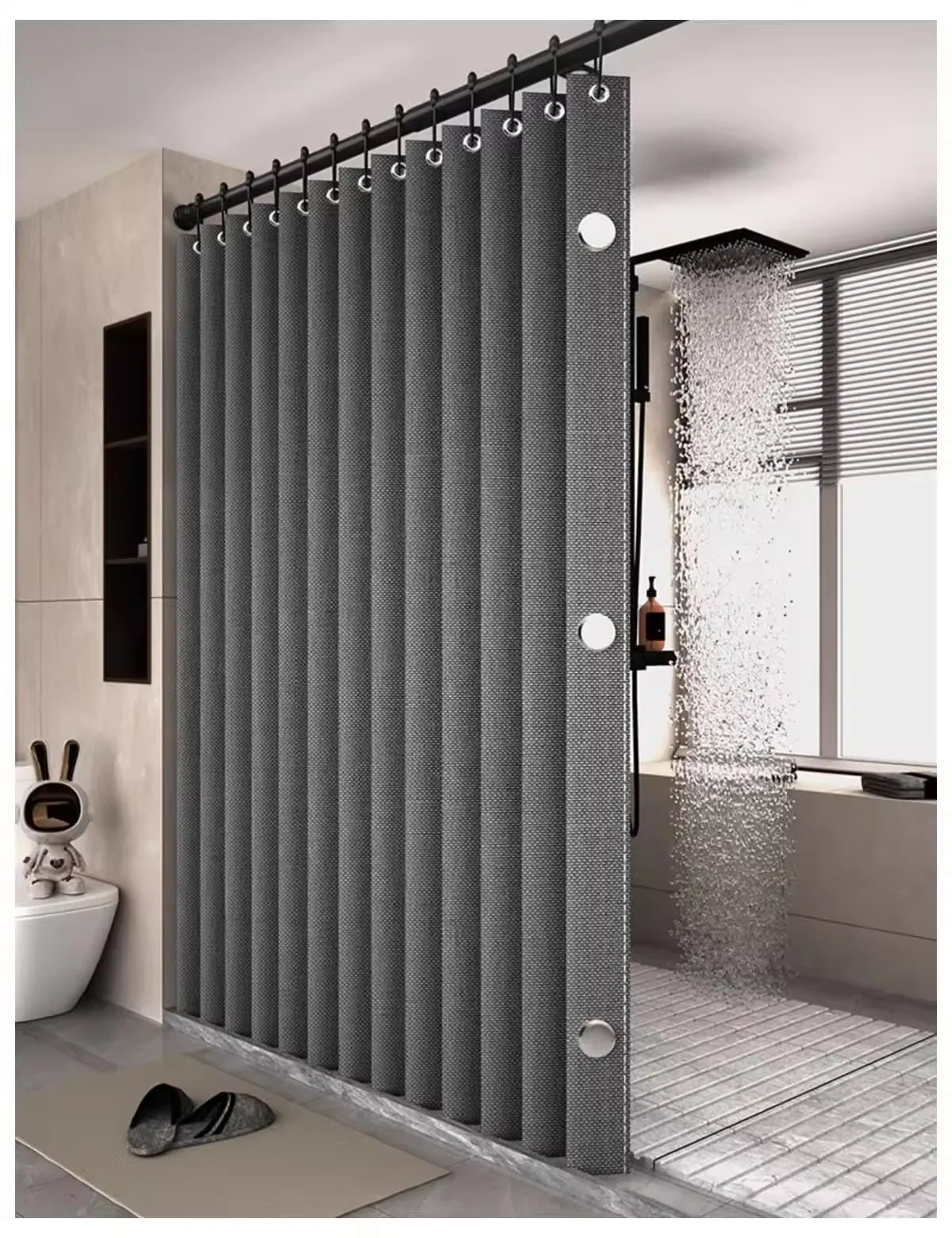 Magnetic Foldable Linen Bath Curtain Waterproof for Walk-In Shower - No Included Adjustable Rod