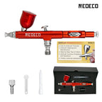 Neoeco Dual-Action Gravity Feed Airbrush Gun Kit, 3 Nozzle Sets, Aluminum