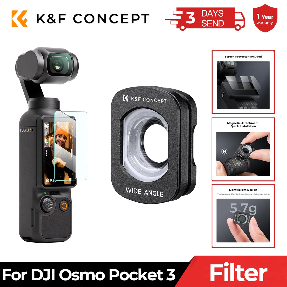 K&F CONCEPT Magnetic Wide-angle Filter for DJI Osmo Pocket 3 Accessories Protection Action Camera Lenses 28 Multi-Layer Filters