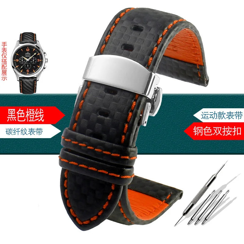 Carbon Fiber Pattern Leather Watch Strap 18mm 20mm 21mm 22mm 23mm 24mm Black Red Orange Stitching Watchband Bracelet Wristband