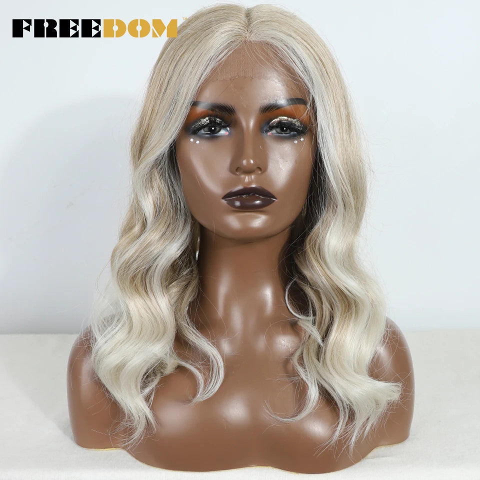 FREEDOM Synthetic Lace Front Wigs For Women 20 inch Short Bob Curly Natural Wavy Wig Ombre Blonde Brown White Wig Cosplay Wig
