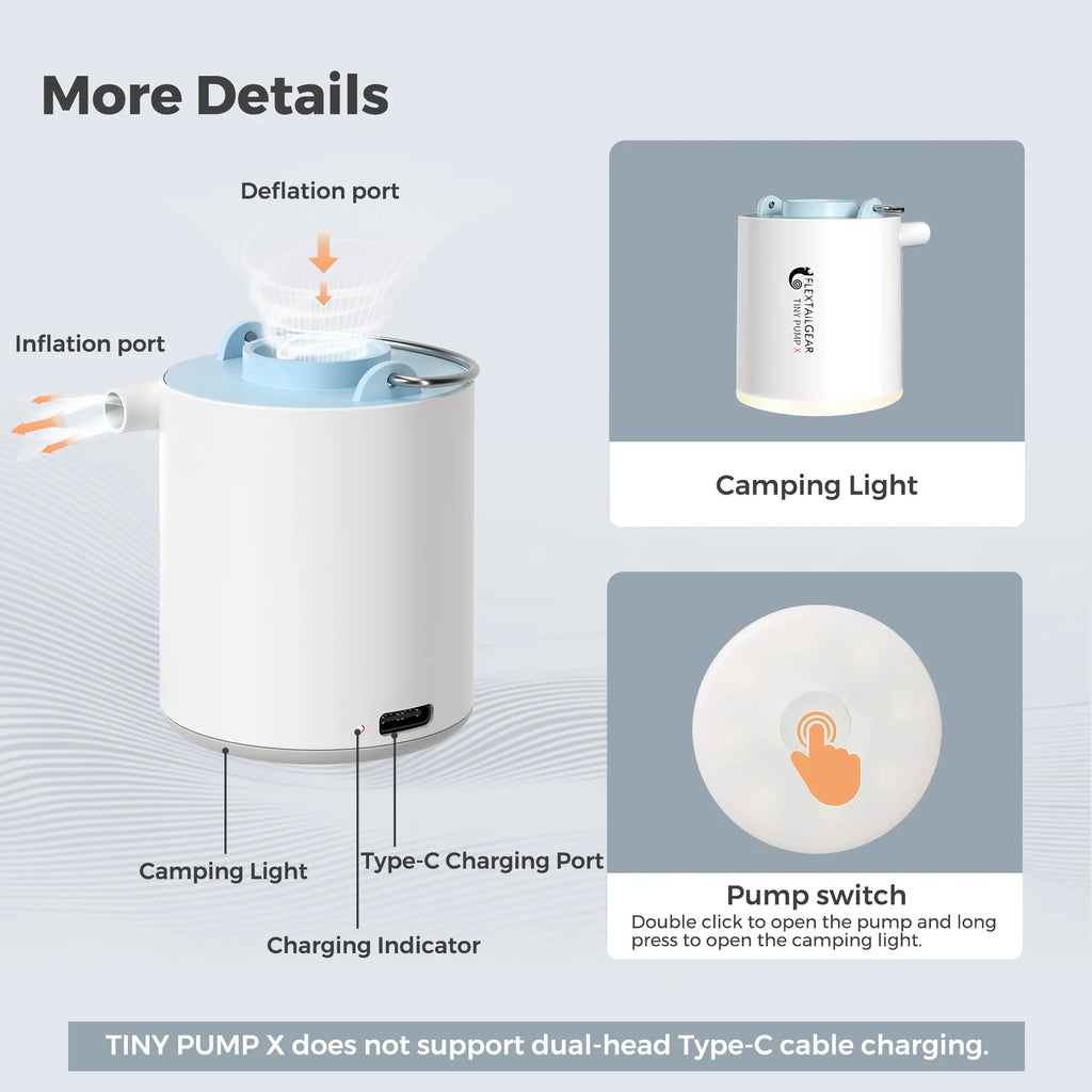 FLEXTAIL TINY PUMP X - Portable Air Pump, Mini Camping Pump with Light, USB-C Charging, Ideal for Sleeping Pad, Air Bed Mattress
