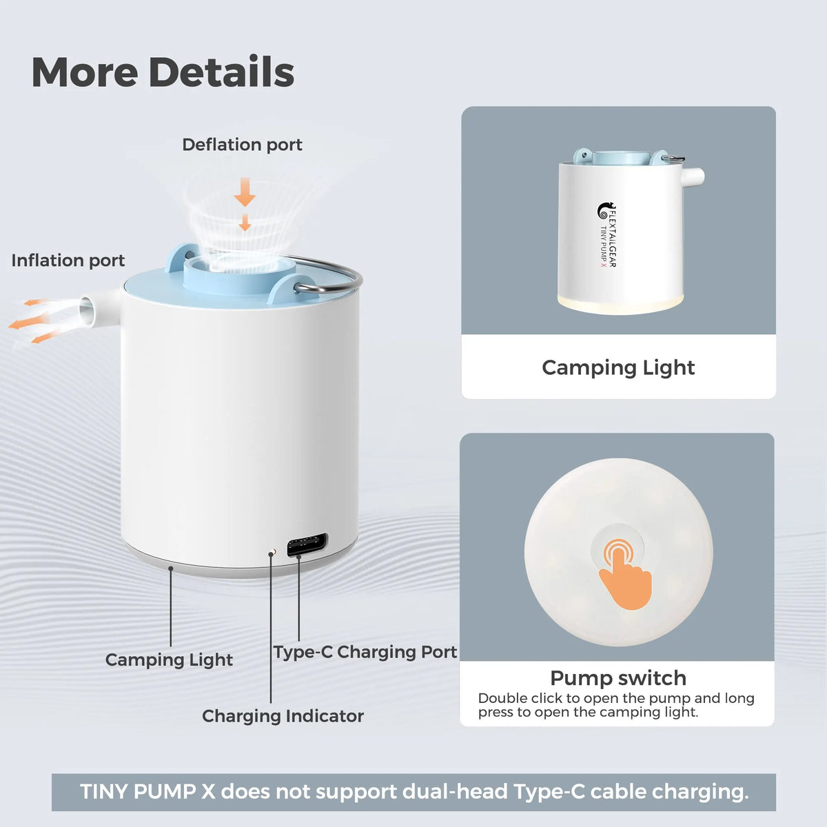 FLEXTAIL TINY PUMP X - Portable Air Pump, Mini Camping Pump with Light, USB-C Charging, Ideal for Sleeping Pad, Air Bed Mattress