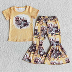 Wholesale No Moq Mama Baby Girl Clothes Short Sleeve Shirt Leopard Bell Bottom Pants Outfits Toddler Children Mother's Day Set