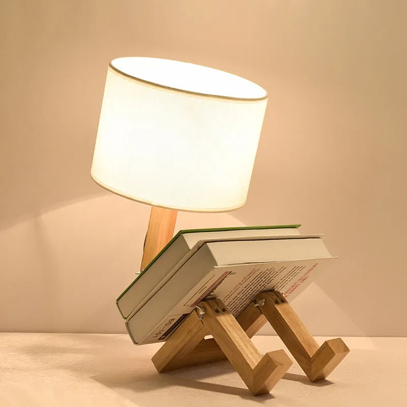 Robot Shape Adjustable Table Lamp E27 Wood Base Fabric Shade, AU/EU/UK/US Plug