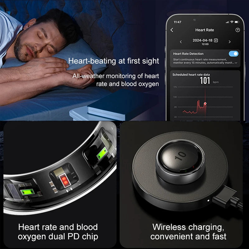 R10 Smart Health Ring with Wireless Charging, Heart Rate SpO2 Sleep Monitor, Sizes 7-14