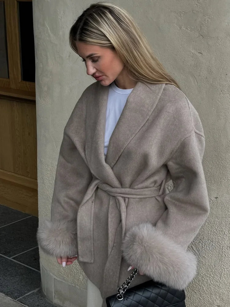Elegant Lace Up Woolen Coat Women Furry Lapel Fur Patchwork Belt Loose Short Jacket Female Lady 2025 Autumn Winter New Cardigans