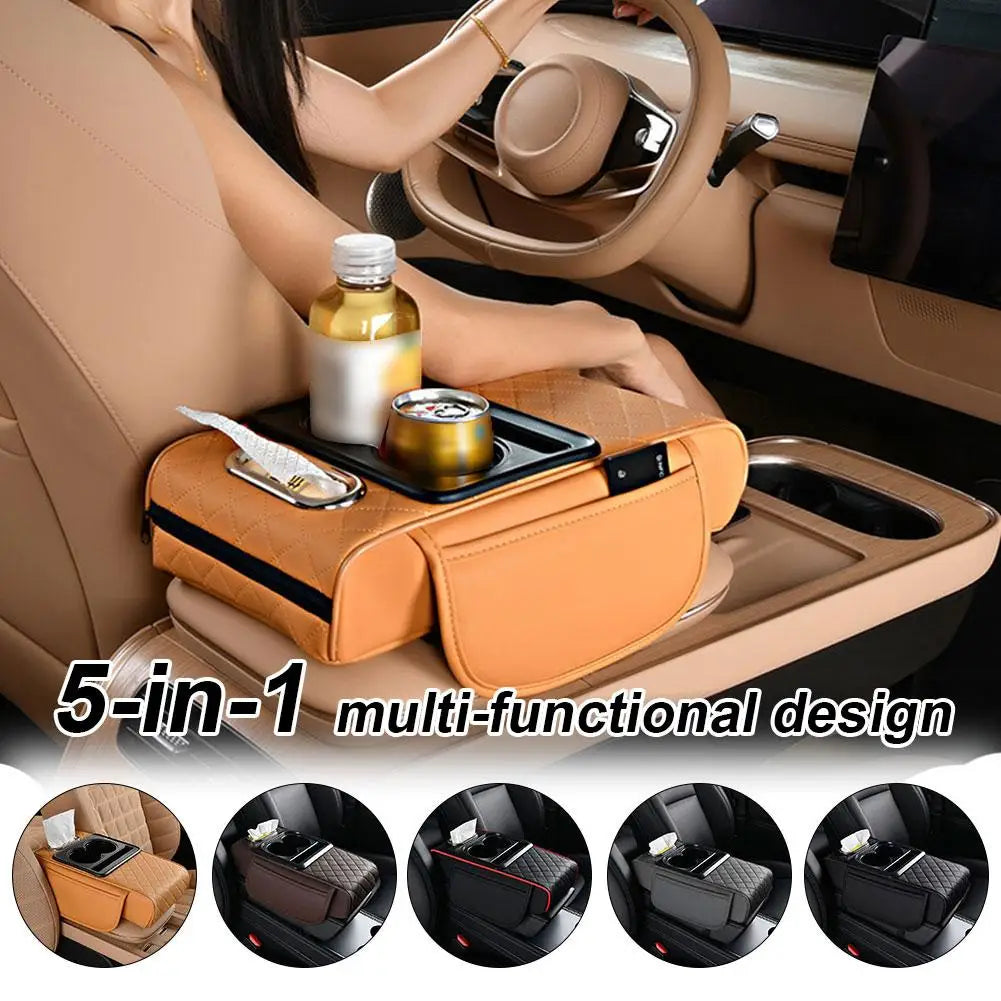 Car Armrest Box Multifunctional Thicken Height Pad Arm Rest Cushion with Pocket Tissue Cup Holder PU Elbow Support Height Pad