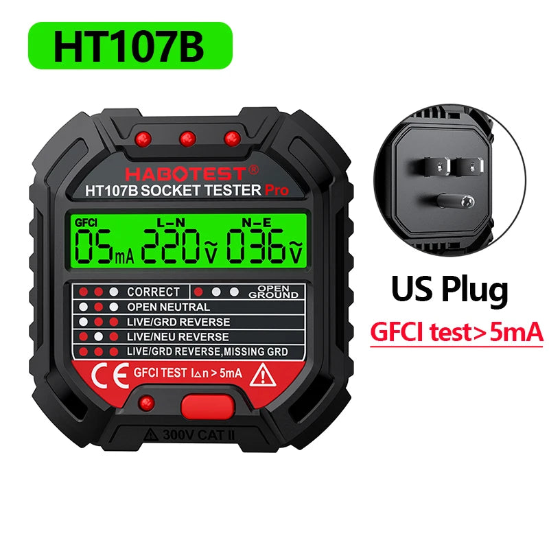 HT106 HT107 Socket Tester Pro Voltage Test Digital Outlet Socket Detect US/UK/EU Plug Ground Zero Line Plug Polarity Phase Check