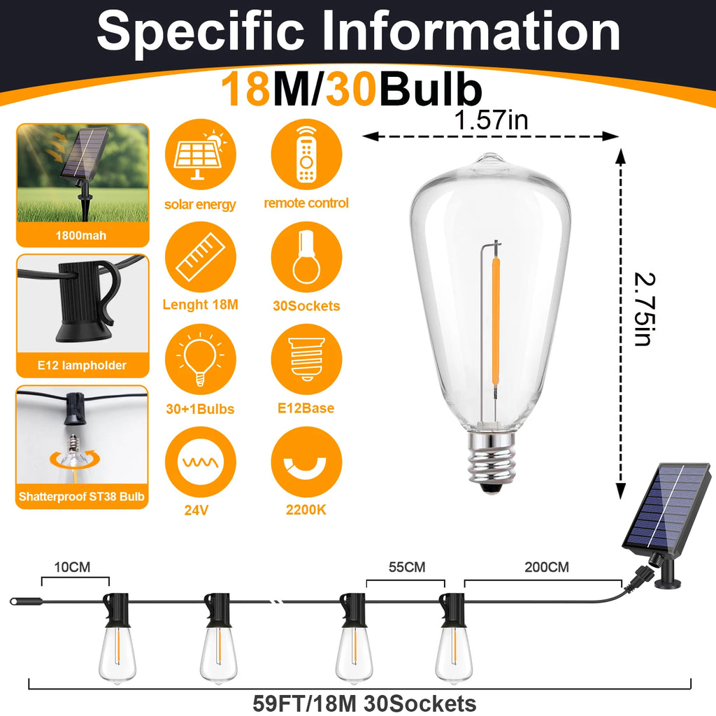 Solar G40 Globe LED String Lights with Remote, 8 Modes, Weatherproof, 10m 15 Bulbs or 18m 30 Bulbs