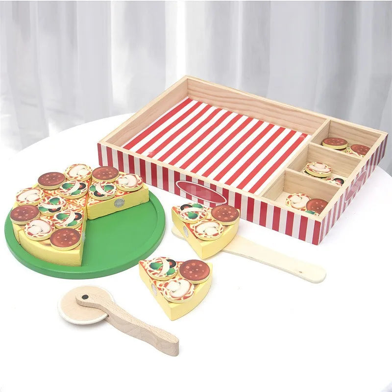 Wooden simulation pizza children play house boy girl cake dessert cut cut music fruit and vegetable cognition wooden toy