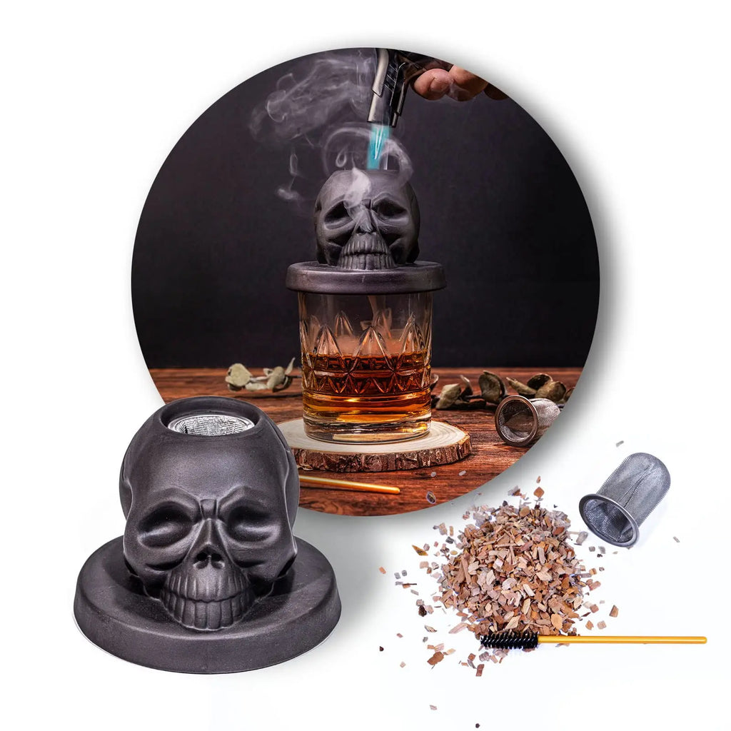 Cocktail Smoker Kit with 4 Flavors - Bourbon , Ceramics Skull Infuser Old Fashioned Drink Smoker Kit Birthday Gifts for Men Dad