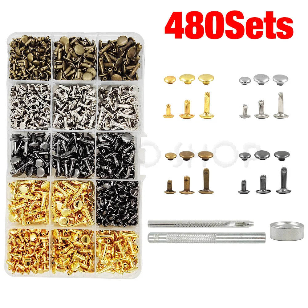 Metal Double Cap Rivets Stud Round Spike Nail With Tool Kits For Shoes Bag Belt Leathercraft Repair Clothing Garment Accessories