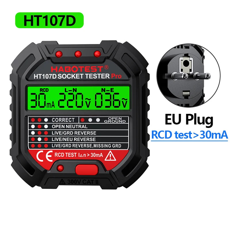 HT106 HT107 Socket Tester Pro Voltage Test Digital Outlet Socket Detect US/UK/EU Plug Ground Zero Line Plug Polarity Phase Check