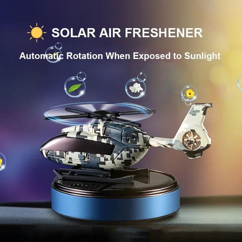 Car Solar Air Freshener Automatic Rotation Essential Oil Diffuser Dashboard Camouflage Helicopter Ornaments Remove Odor