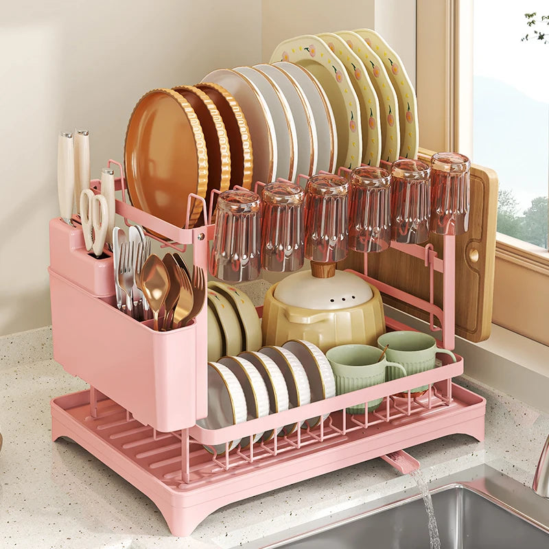 Pink Dish Drying Rack, Kitchen Storage Organiser for Plates & Bowls, Snap-On Design, No-Drill Install, Stylish Kitchen Accessory