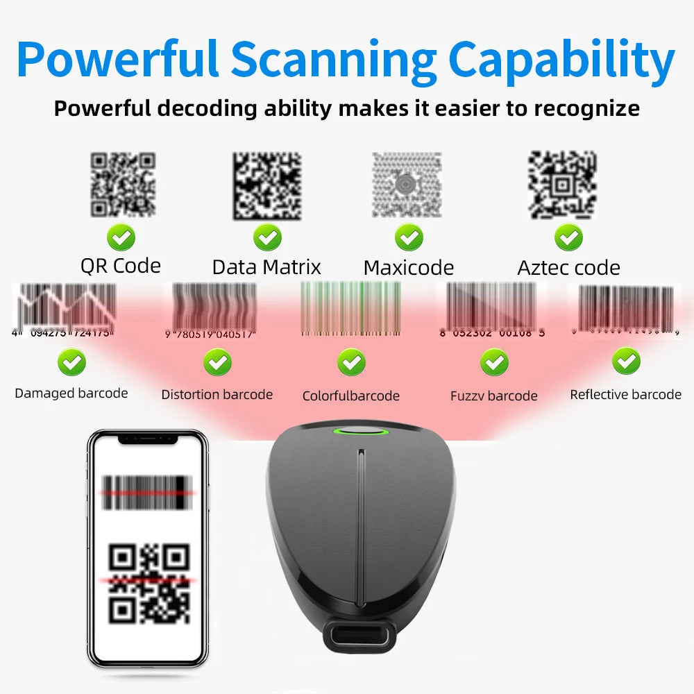 2D Barcode Scanner Mini 2.4G Wireless Bluetooth Handheld Portable 1D 2D QR Code Data Matrix PDF417 Reader With Storage Function