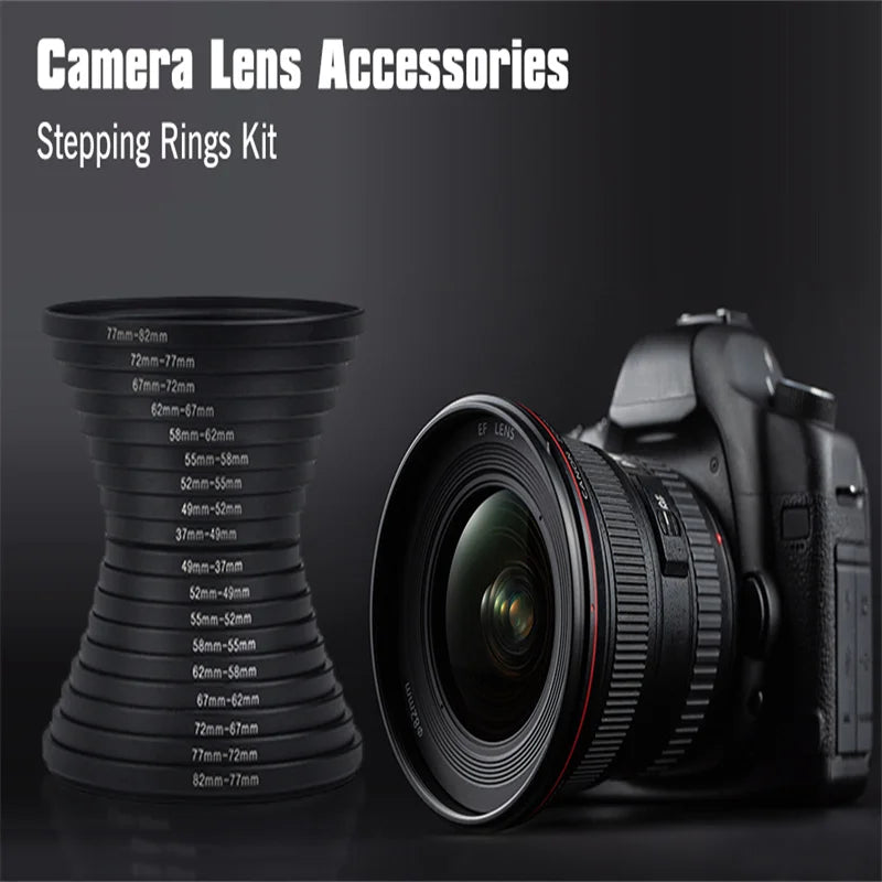 18pcs Camera Lens Filter Step Up & Down Ring Adapter Metal Filter Adapter Ring For All Camera DSLR 37-82 82-37mm Mount Set Kit