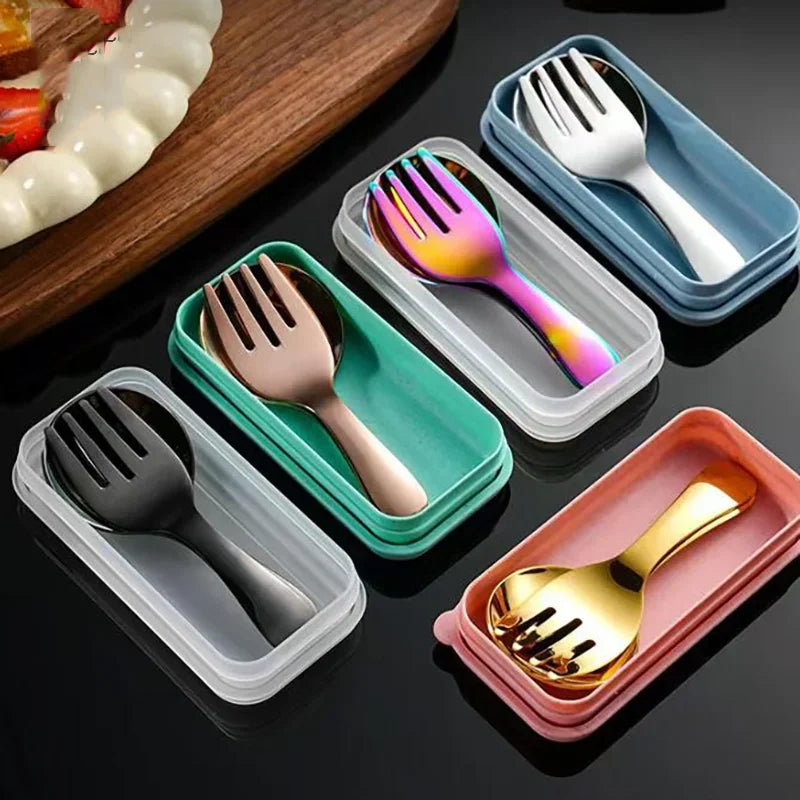 Stainless Steel Tableware Set Spoon Fork 2Pc Portable With Box Outdoor Camping Cutlery Lunch Hiking Camp Cooking Travel Flatware