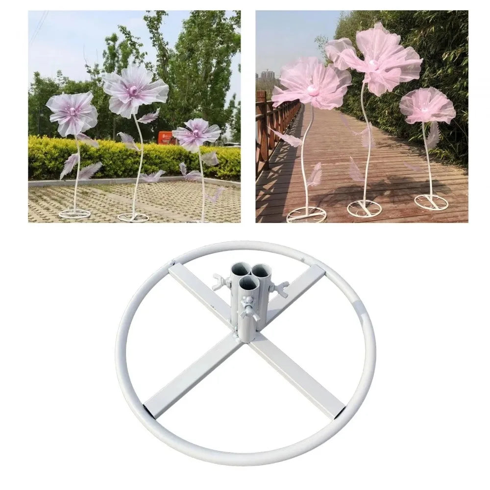 Metal flower pole display stand base, floor standing, reusable, green/white, 1-3 hole
