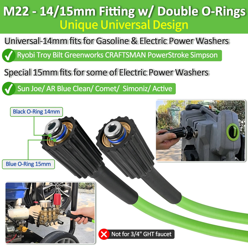 Soft Flexible High Pressure Washer Water Hose with M22-14/ 15mm Brass Fitting 1/4" x 10M & 200Bar, Kink Resistant Extension Hose