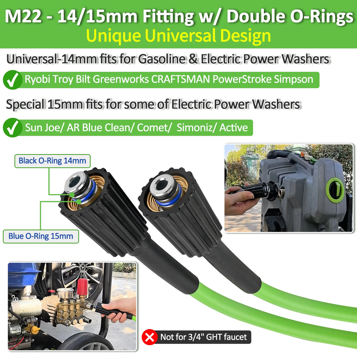 Soft Flexible High Pressure Washer Water Hose with M22-14/ 15mm Brass Fitting 1/4" x 10M & 200Bar, Kink Resistant Extension Hose