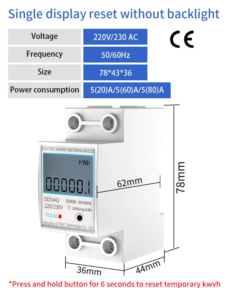 GTRIC Electric Energy Meter 2P Single Phase  LCD Digital Display DIN Rail Mounting 2-wire Electric Meter Wattmeter AC 230V 50Hz