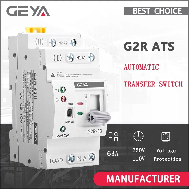 GEYA G2R ATS Mini Automatic Transfer Switch 220V Din Rail Dual Power Electrical Selector Switches Uninterrupted Power 63A 110V