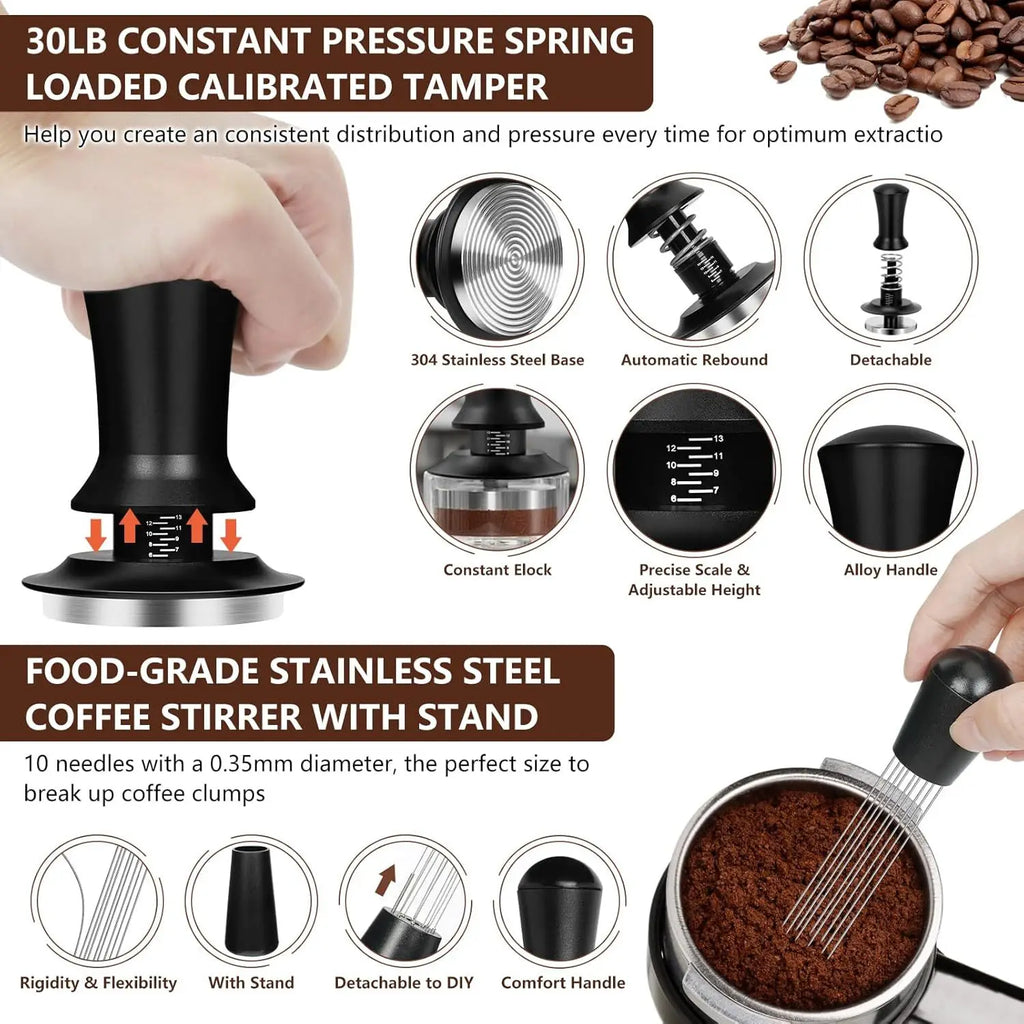 4/7Pcs Coffee Utensil Stainless Steel Powder Press Hammer Loose Powder Needle Powder Ring Practical Professional Coffee Tools
