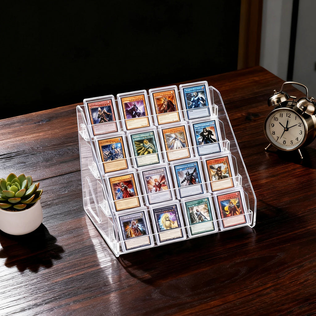 4 Tier Acrylic Trading Card Display Stand, Holds 16 Graded Cards Clear Shelf for PSA BGS SGC Slabs, Toploaders, TCG Sports Cards