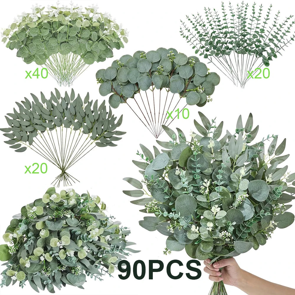 Artificial Eucalyptus Leaf Stems Bundle 50-90pcs Mixed Willow & Silver Eucalyptus for DIY Decor