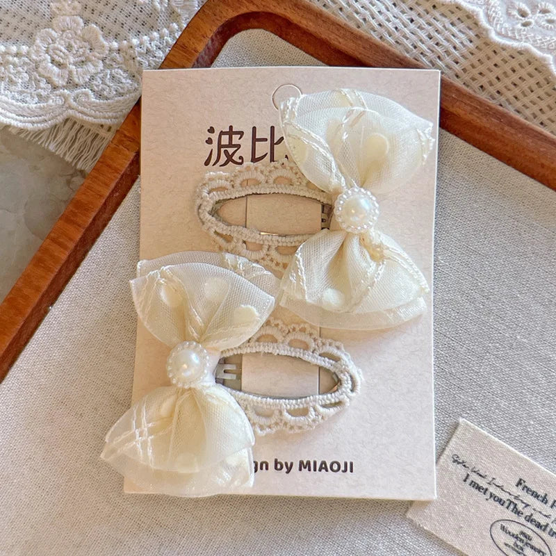 Minimalist Beige Hair Barrettes Korean BB Clip with Lace Pearl Accents Elegant Aesthetic Hair Clips for Women Girls
