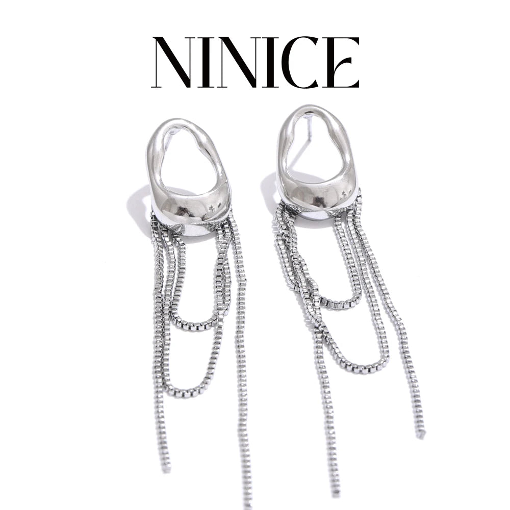 NiNice Temperament Stainless Steel Metal Tassel Chain Long Hanging Drop Earrings Girl's Daily Wear Trending Jewelry Recommend