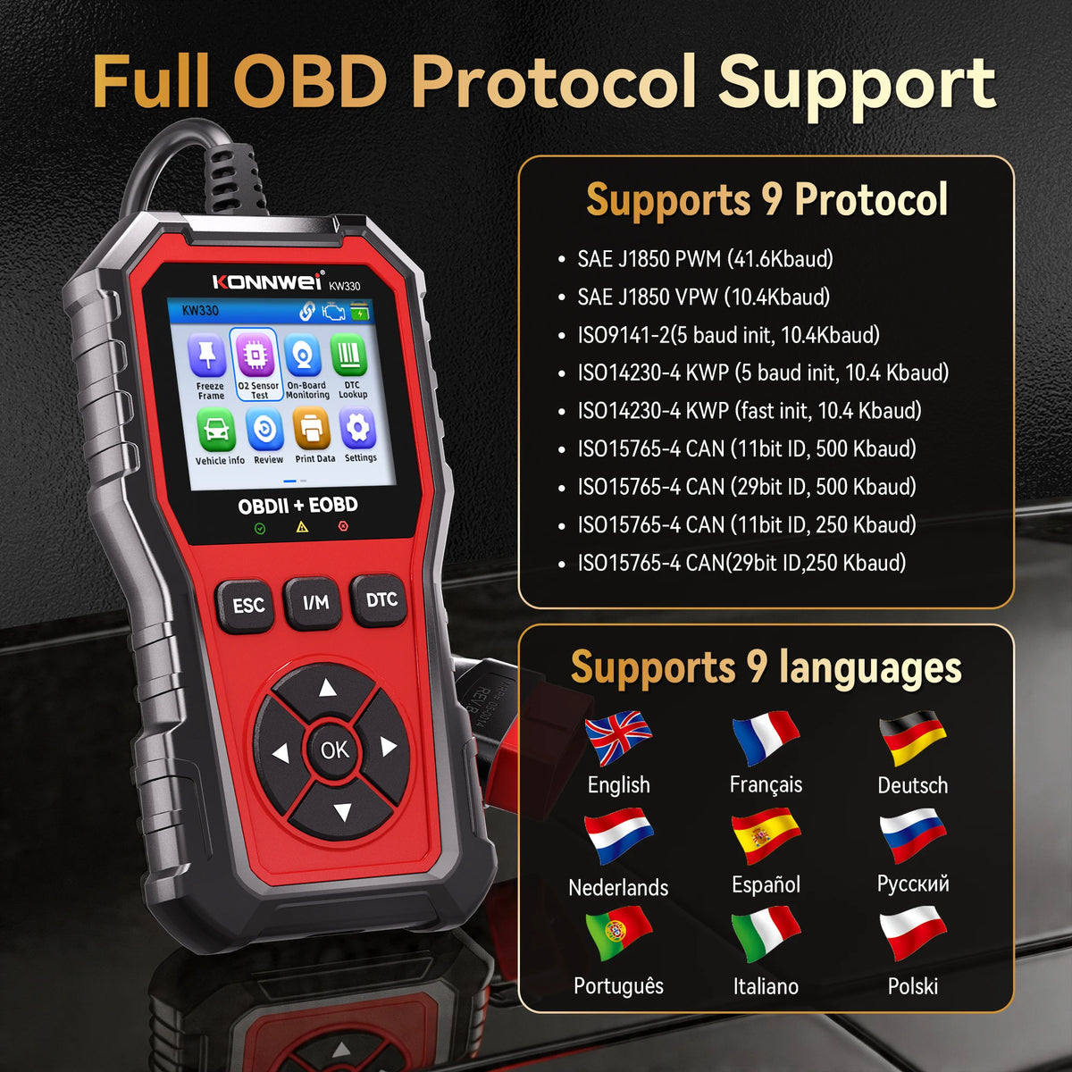 2026 KONNWEI KW330 Car OBD2 Diagnostic Tool Professional Engine Battery Testing Fault Code Erase Real-Time Data Scanner Function