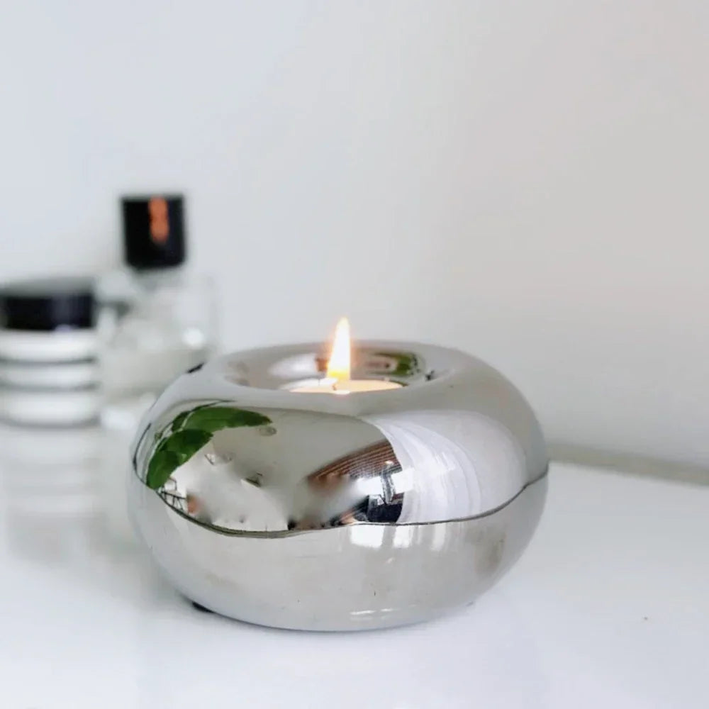 Ceramic candle holder, circular silver desktop candlestick, modern decor, sizes S/L