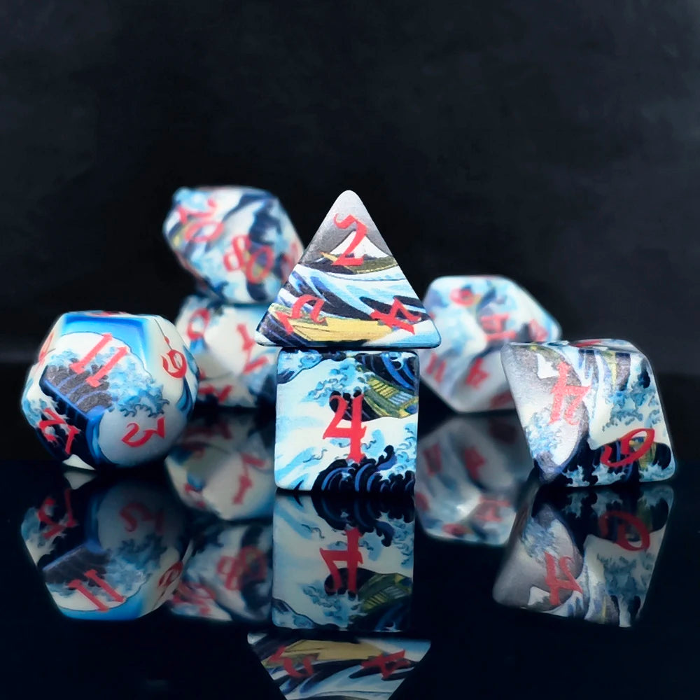 Wave Print Polyhedral Dice Set 7pc Colorful Brush DND RPG MTG Board Game Dice