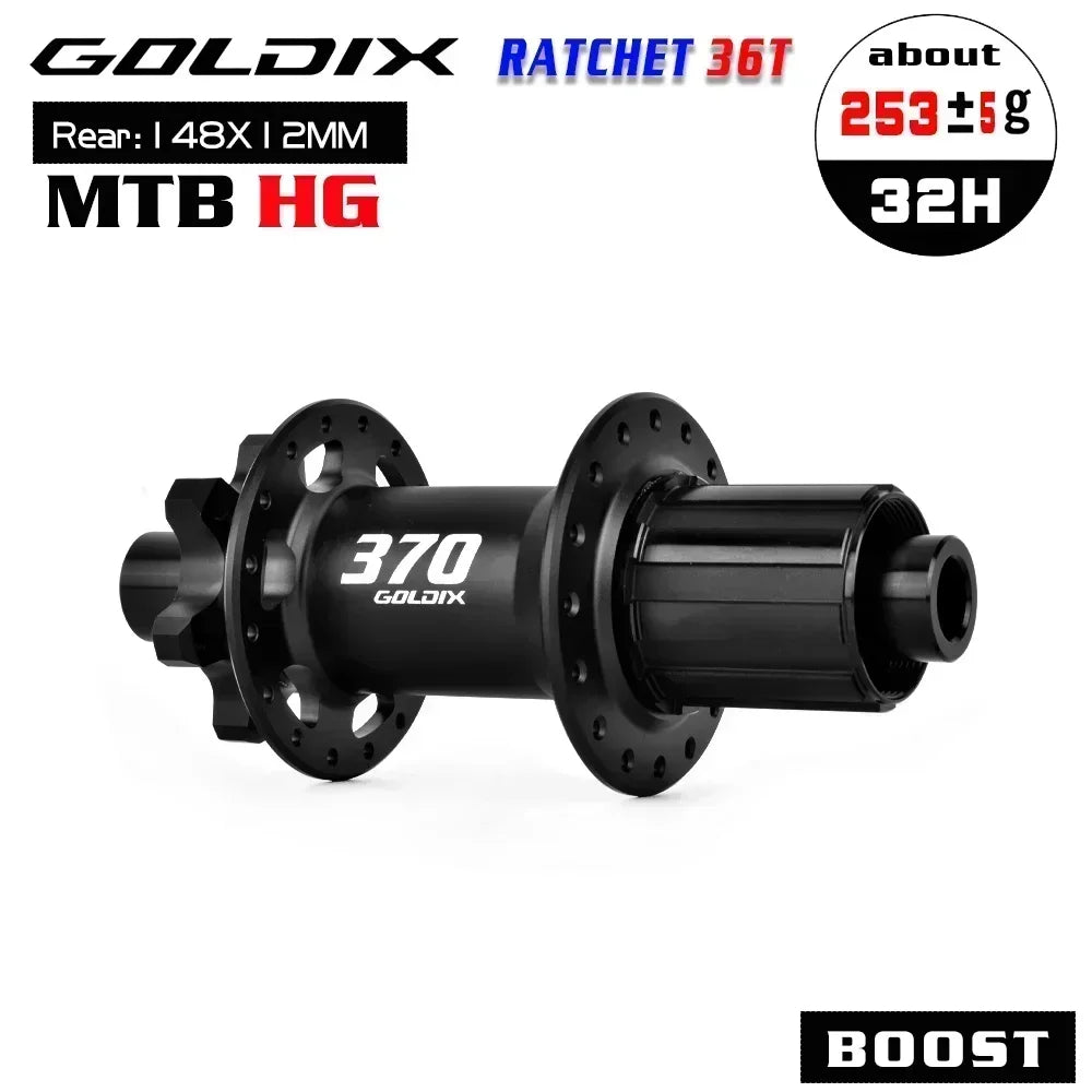 GOLDIX GDX370 32H Bicycle Hub Sealed Bearing 6-bolt Disc Brake J-Bend 32 Holes Ratchet 36T BOOST MTB Hub for Shimano SRAM