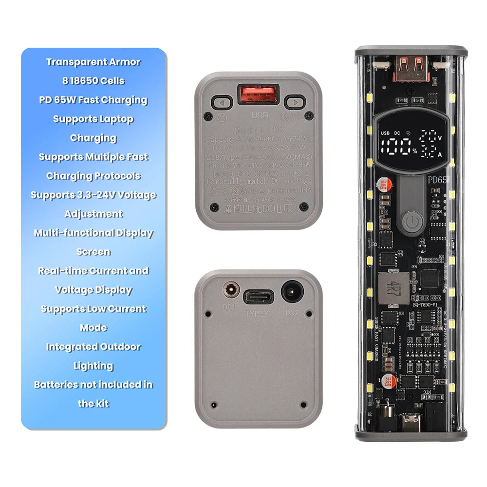 PD65W Battery Storage Box Super Fast Charging 8 Cell 18650 DIY Power Bank Case Kit Digital Display Battery Holder USB+Type-C