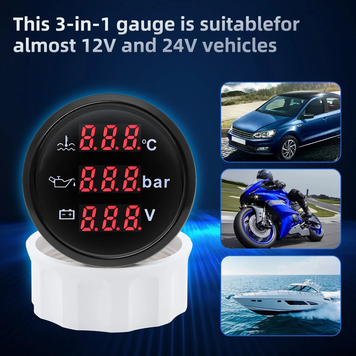 Auto Car 3 IN 1 52mm Gauge Water Temperature+Oil Pressure+Volt with Alarm Red LED Digital Water Temp Gauge+Sensor 12V24V Custom